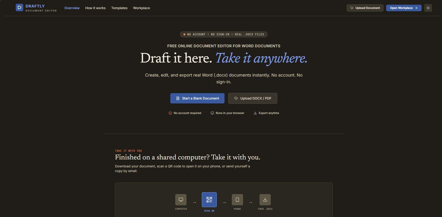 Draftly home page: a dark document editor site with the headline Draft it here, take it anywhere