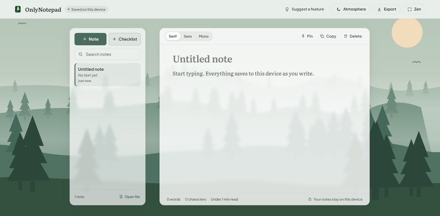 OnlyNotepad: a note editor over an illustrated green forest